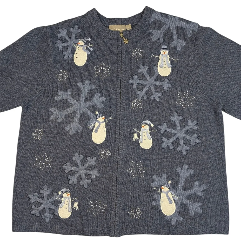 Croft & Barrow Embroidered Winter Snowmen & Snowflakes Zip Sweater Jacket. XL
